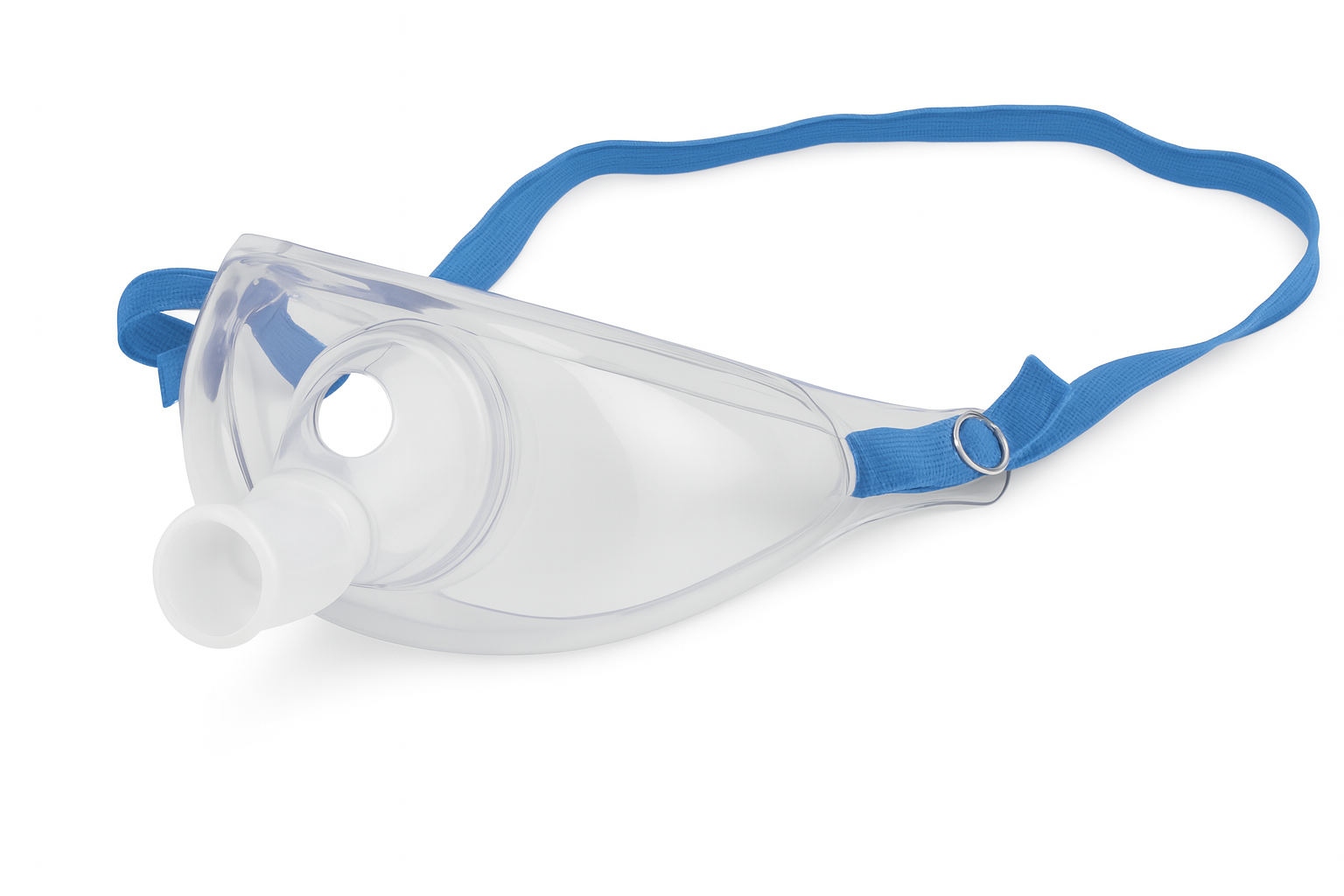 Adult aerosol mask with wide elastic strap used in Sarnia respiratory clinics for nebulized medication delivery