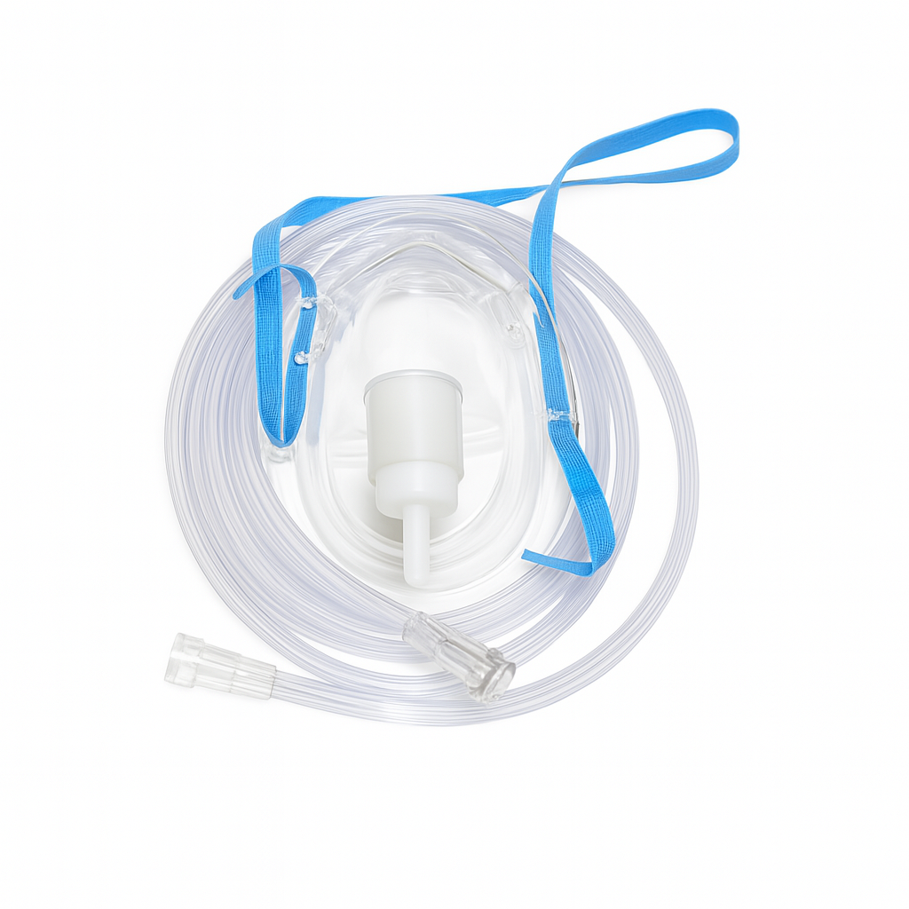 Adult oxygen mask kit with tubing and nebulizer cup used in Guelph Ontario hospitals and respiratory programs
