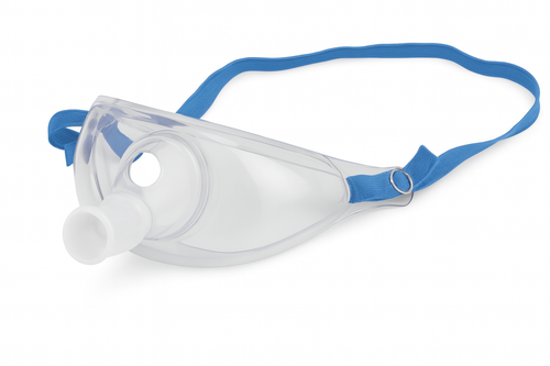 Adult aerosol mask with wide elastic strap used in Sarnia respiratory clinics for nebulized medication delivery
