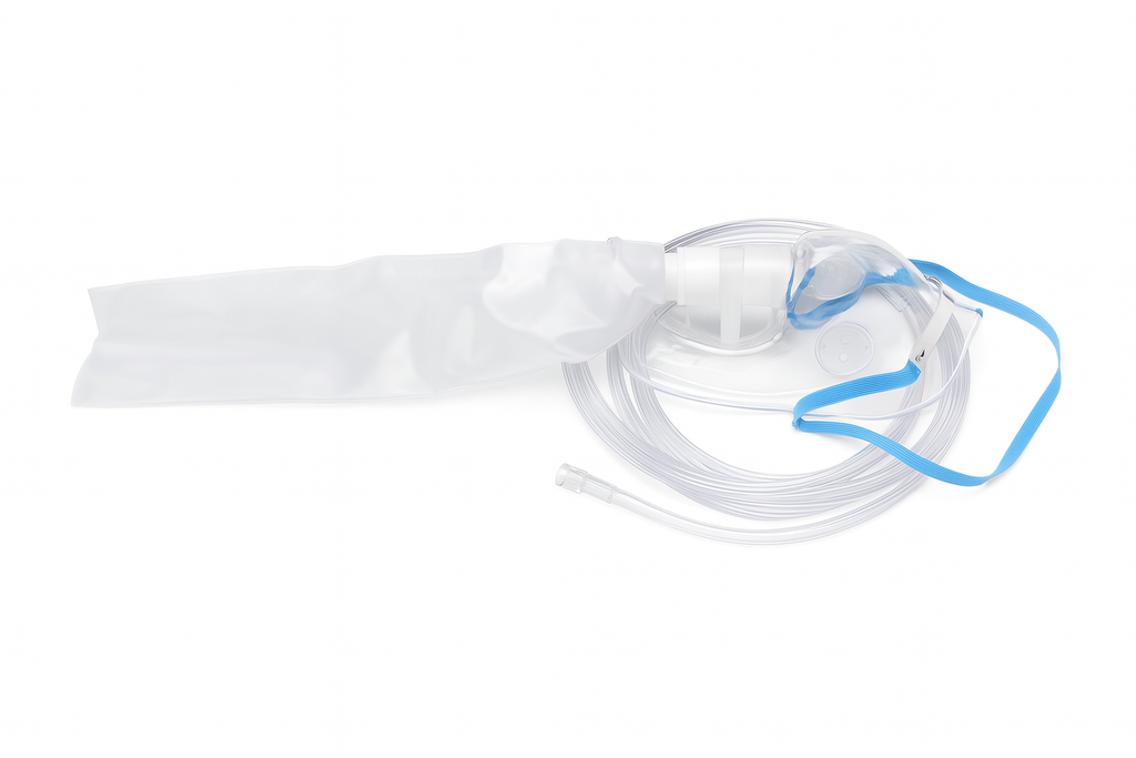 Adult high concentration oxygen mask with reservoir bag and tubing used in Windsor hospitals for acute respiratory support