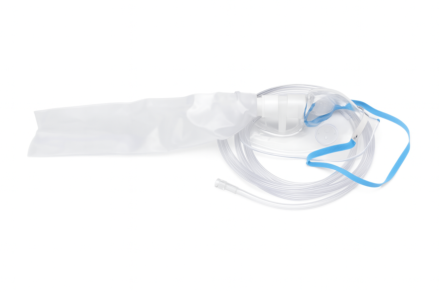 Adult high concentration oxygen mask with reservoir bag and tubing used in Windsor hospitals for acute respiratory support
