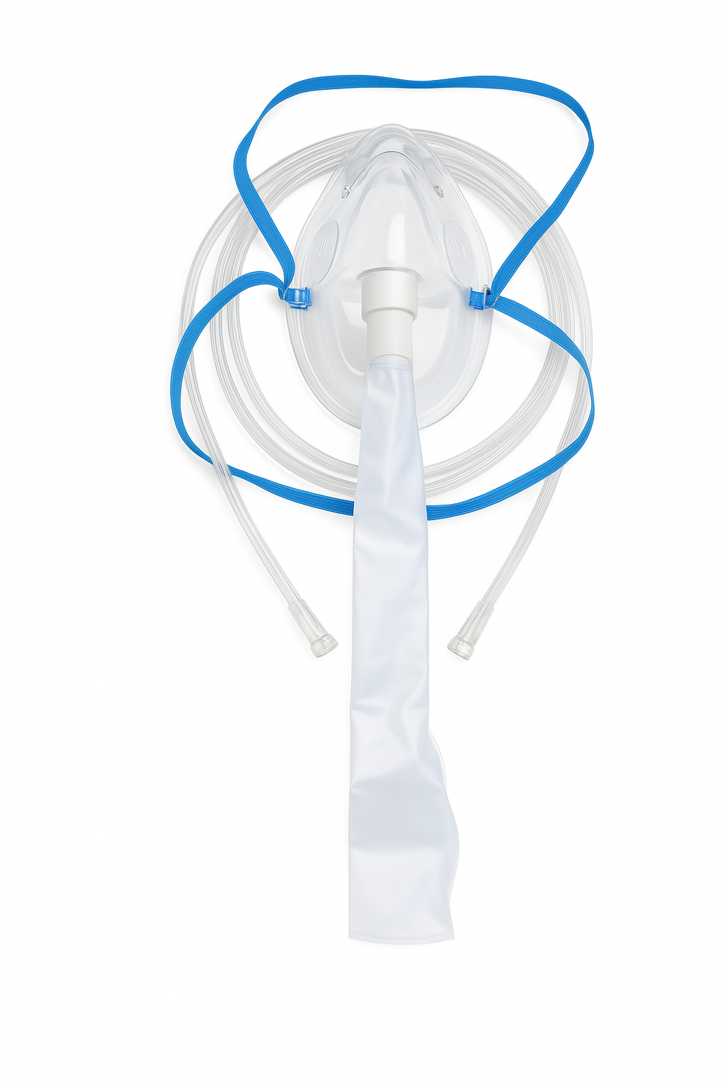 Adult oxygen mask with reservoir bag and tubing used in Toronto emergency rooms and respiratory therapy clinics