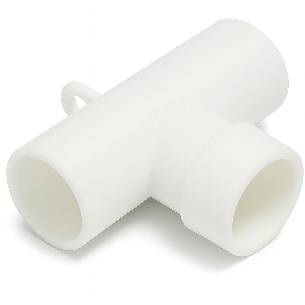 White T piece nebulizer connector used in Ontario hospitals and respiratory clinics for adult aerosol delivery systems