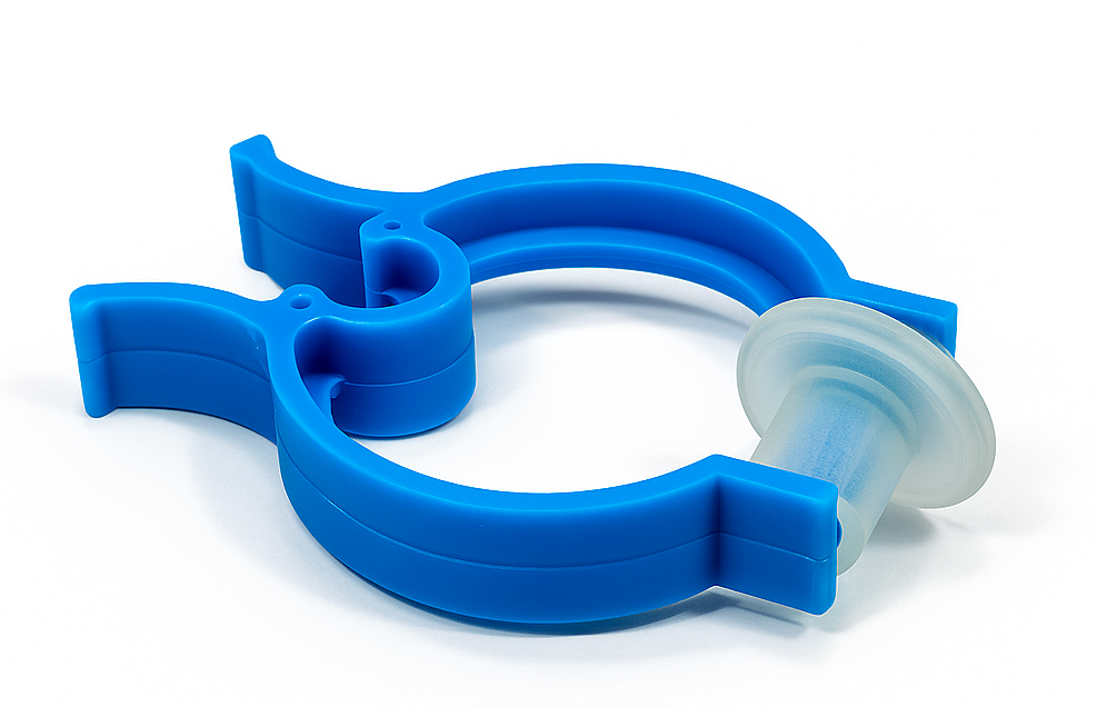 Blue adult nasal oxygen clip used in Ontario respiratory clinics for securing cannula during oxygen therapy