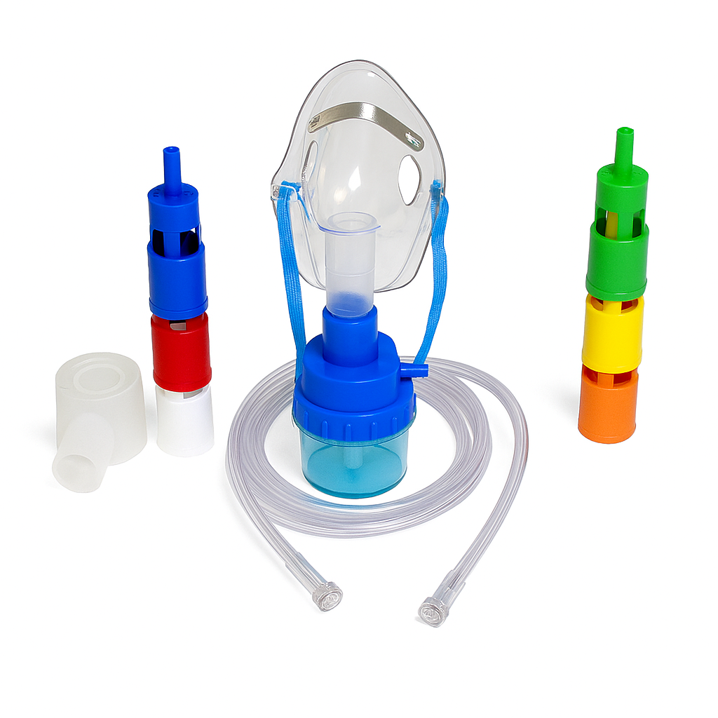 Ontario-ready oxygen mask with Venturi system for precise FiO₂ delivery – includes six colour-coded adapters and soft elastic headband