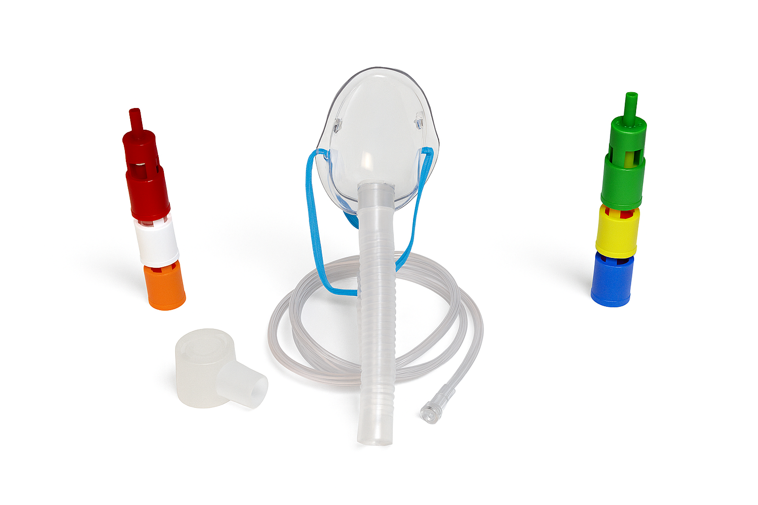 Oxygen therapy training kit with adult mask, corrugated tubing, and six colour-coded Venturi adapters – ideal for respiratory care education in Ontario