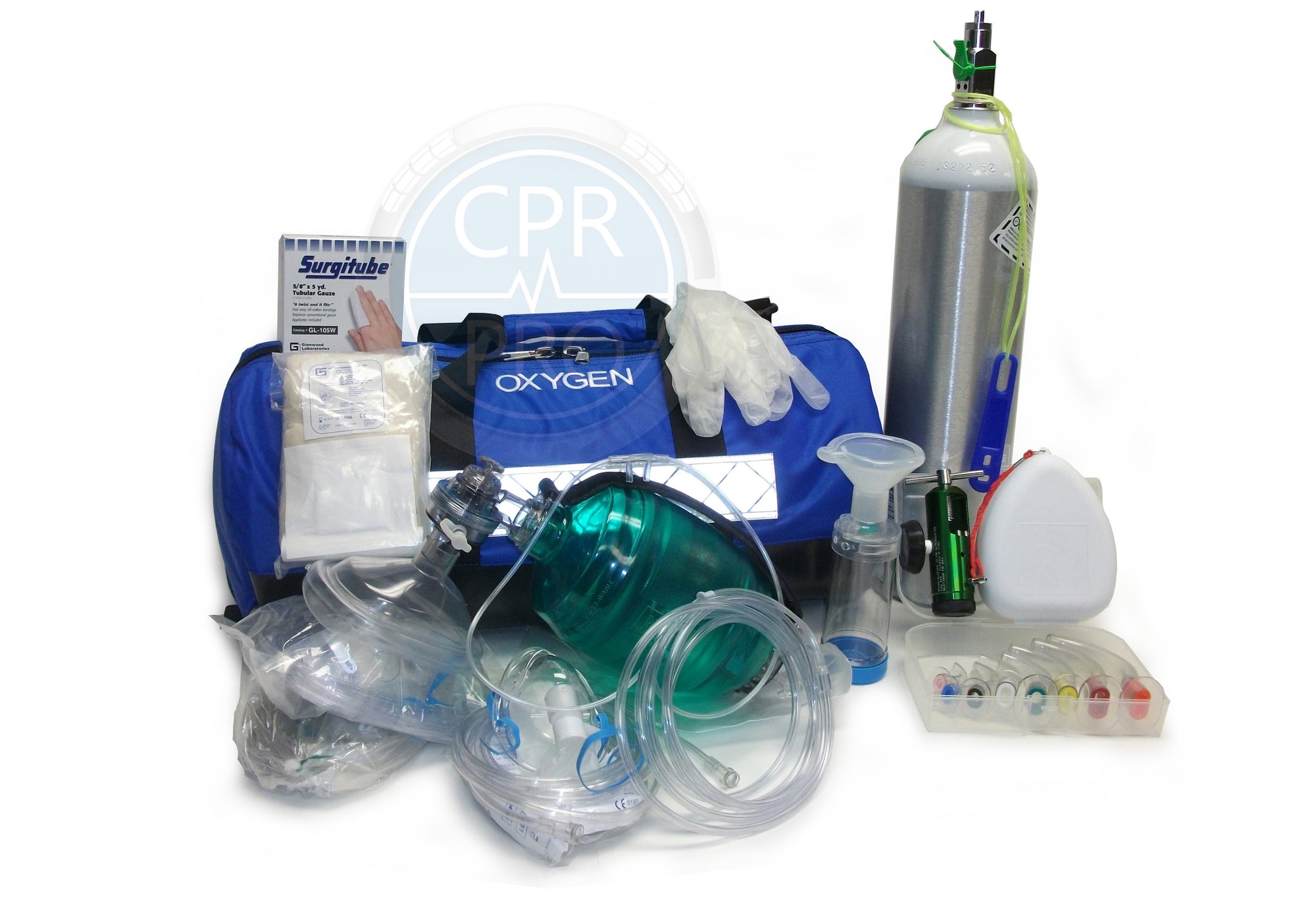 Complete emergency oxygen response kit with airway tools and bag valve mask for use in Ottawa Ontario first aid stations