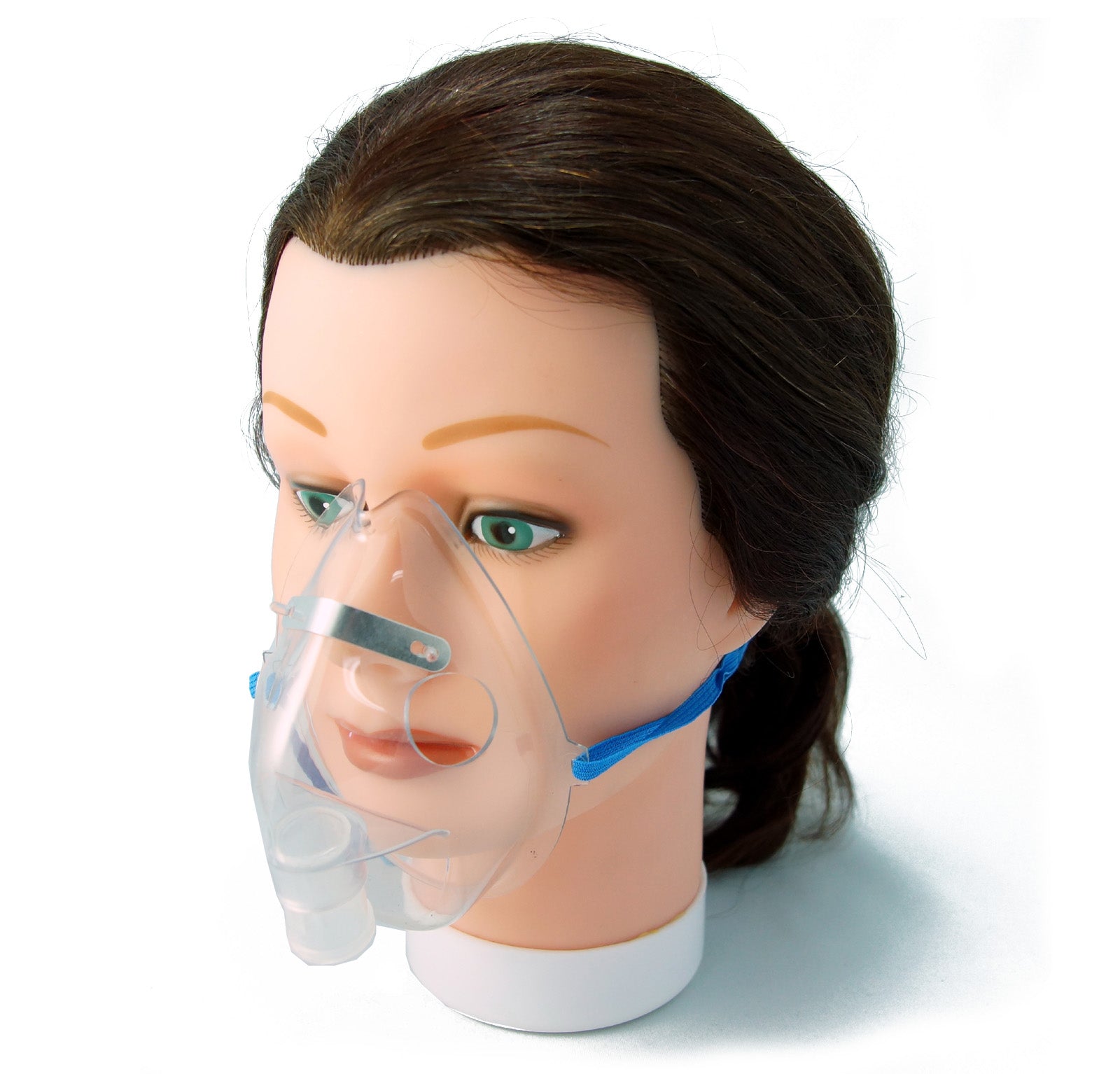 Adult oxygen nebulizer mask with secure elastic strap shown in Ontario patient demonstration for respiratory therapy