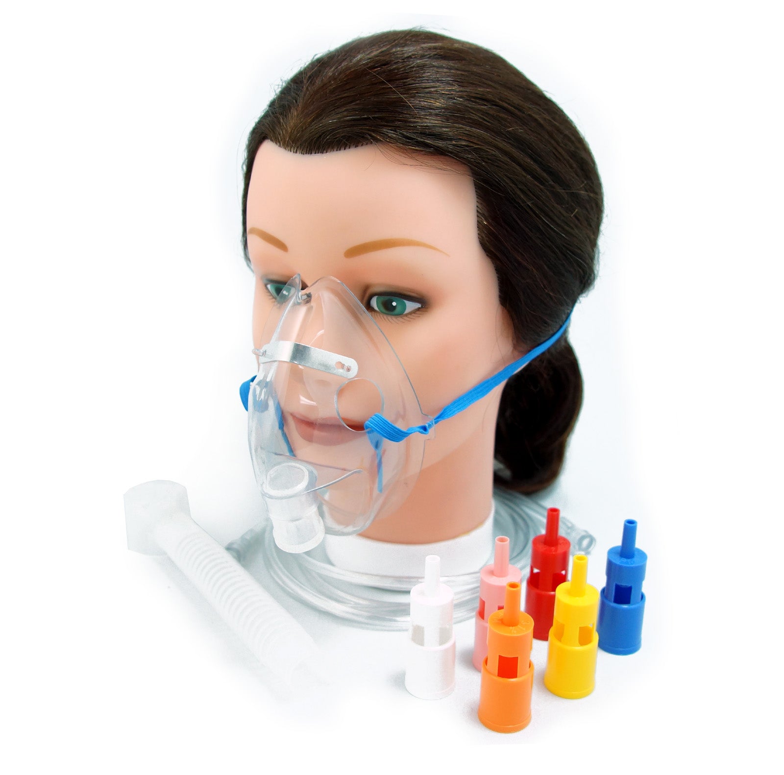 Adult oxygen mask set with multi-colour Venturi valves and flexible tubing – used for controlled oxygen delivery across Ontario clinics