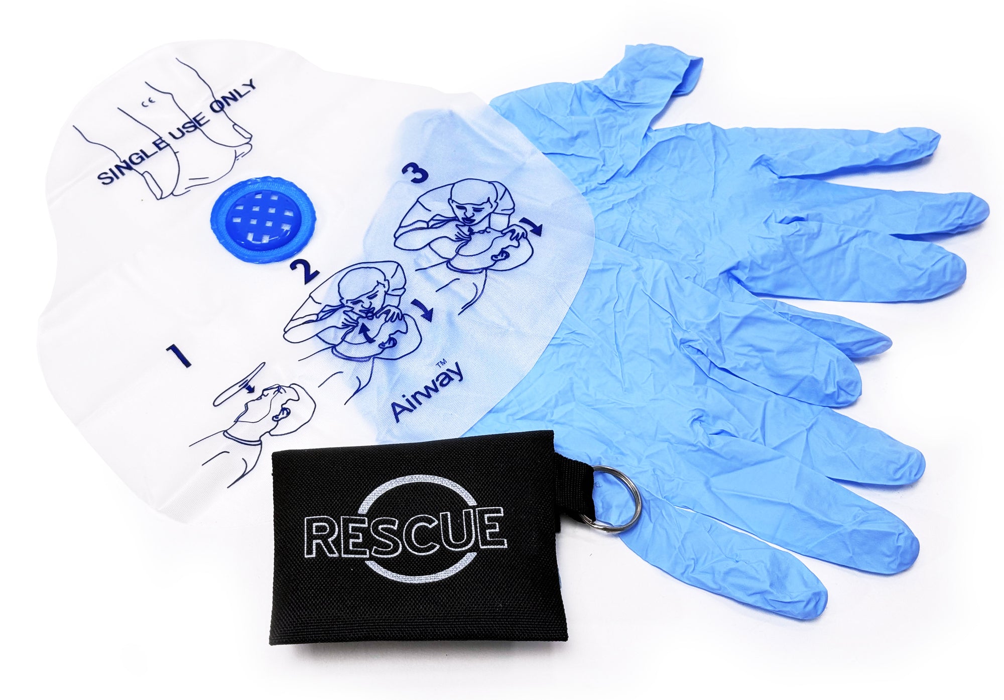 Airway® CPR Face Shield with Check Valve – Black Keychain Pouch + Gloves + Logo Print