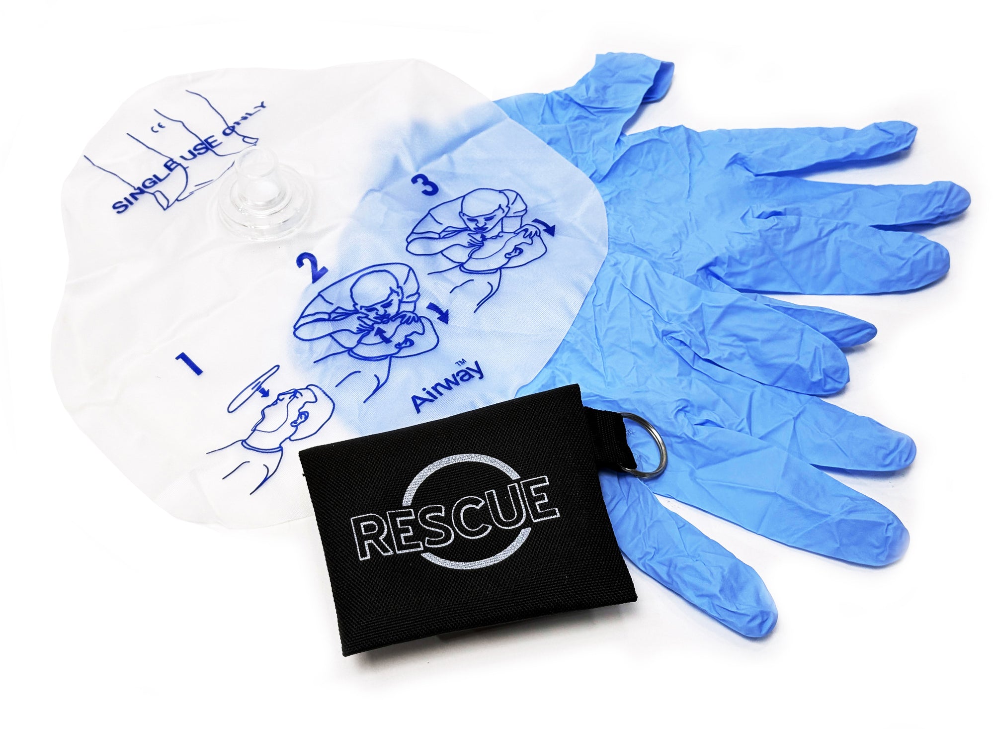 Airway® CPR Face Shield with Mouthpiece Valve – Black Keychain Pouch + Gloves + Logo Print